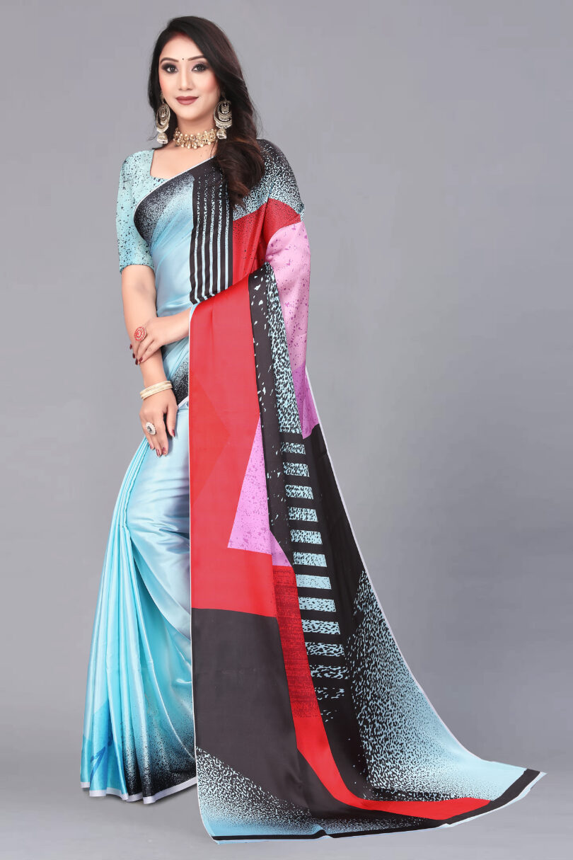 Geometric Print Satin Saree - Image 3