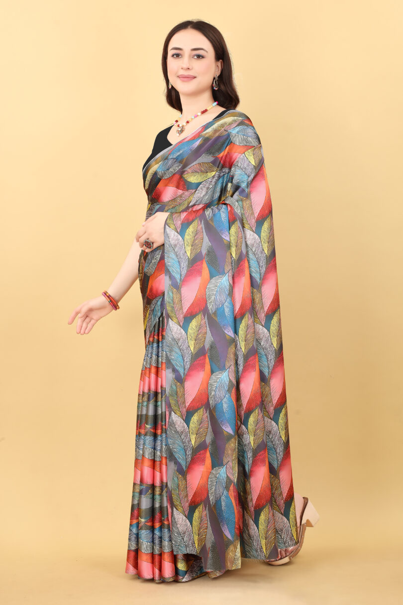 Pink With Multicolored Leaf Print Satin Saree - Image 2