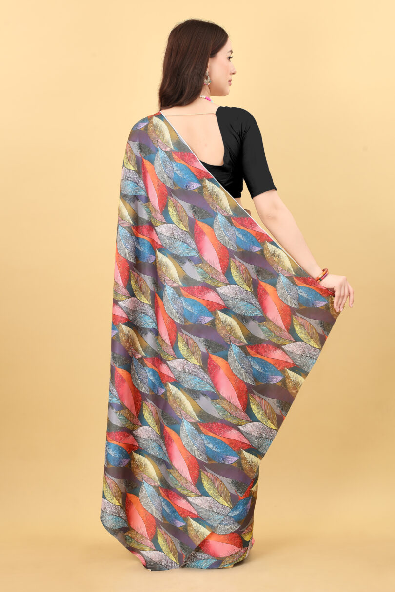 Pink With Multicolored Leaf Print Satin Saree - Image 3