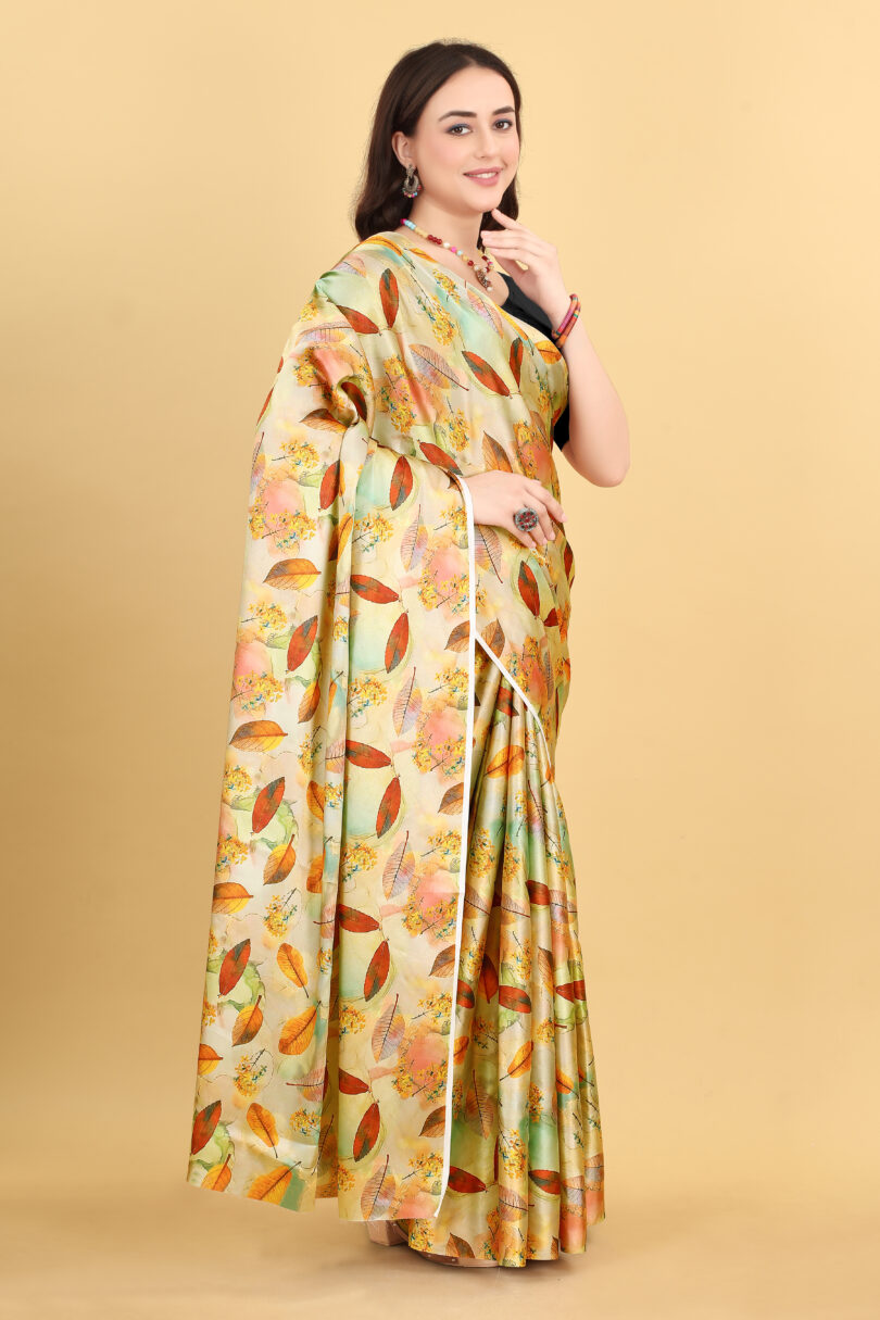 Yellow Leaf Print Satin Saree - Image 2