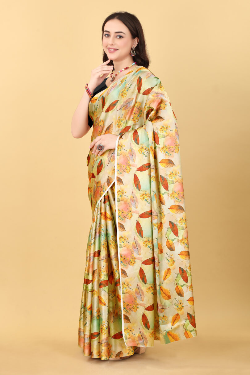 Yellow Leaf Print Satin Saree - Image 3