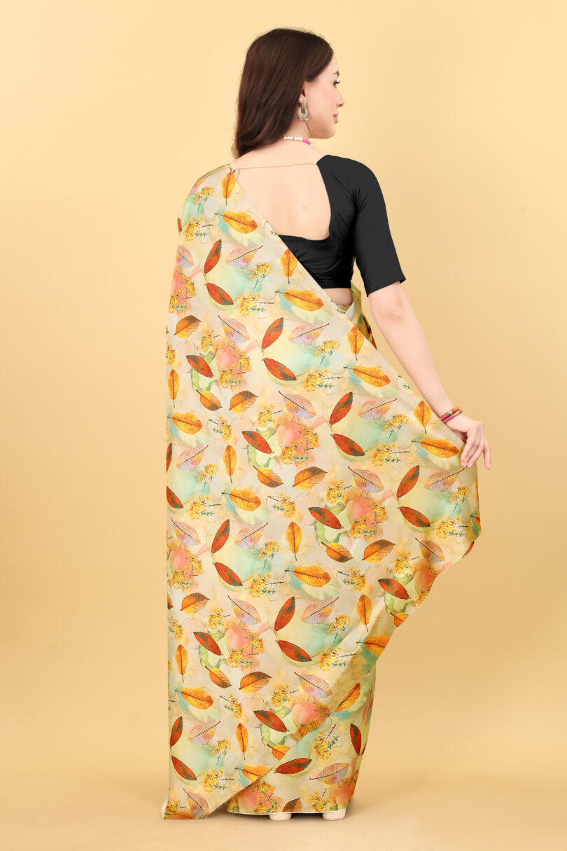 Yellow Leaf Print Satin Saree - Image 4