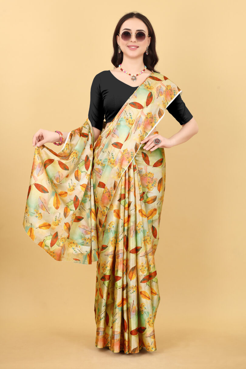 Yellow Leaf Print Satin Saree - Image 6