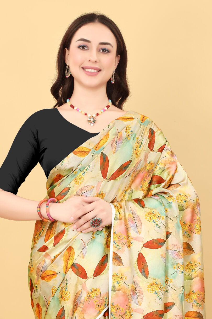 Yellow Leaf Print Satin Saree - Image 7