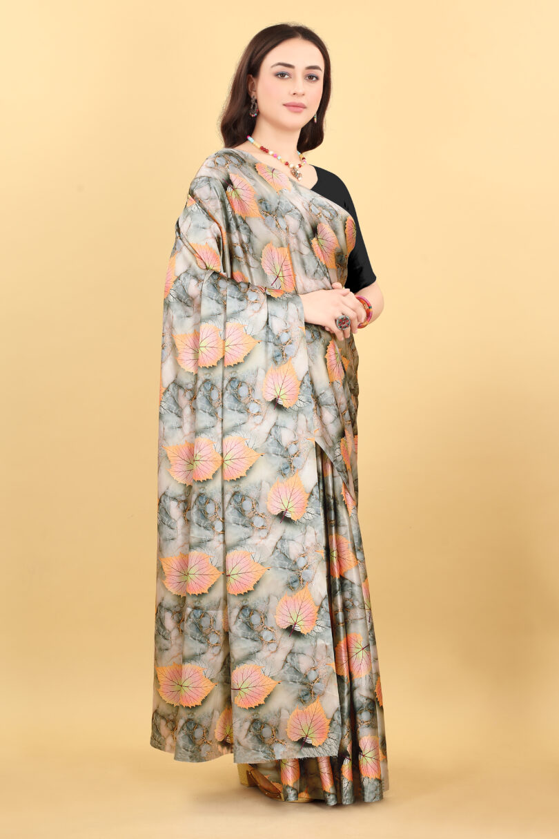 Leaf Print Satin Saree - Image 7