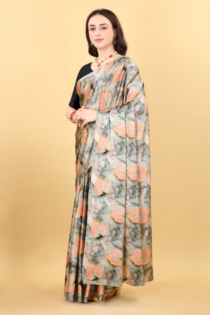 Leaf Print Satin Saree - Image 6