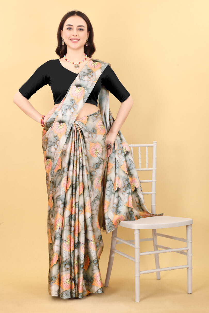 Leaf Print Satin Saree - Image 4