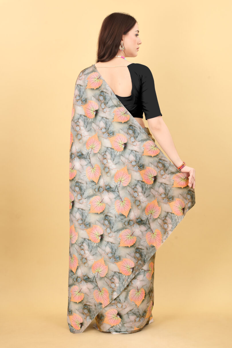 Leaf Print Satin Saree - Image 3