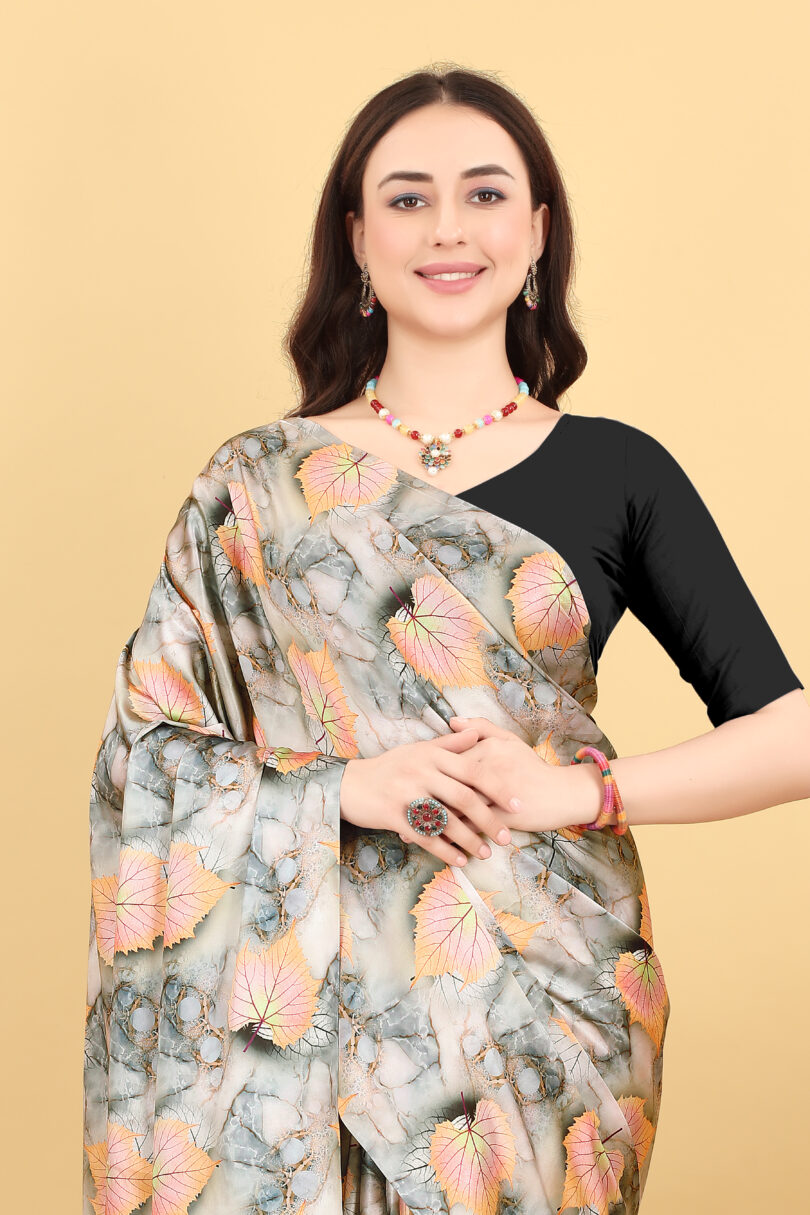 Leaf Print Satin Saree - Image 2