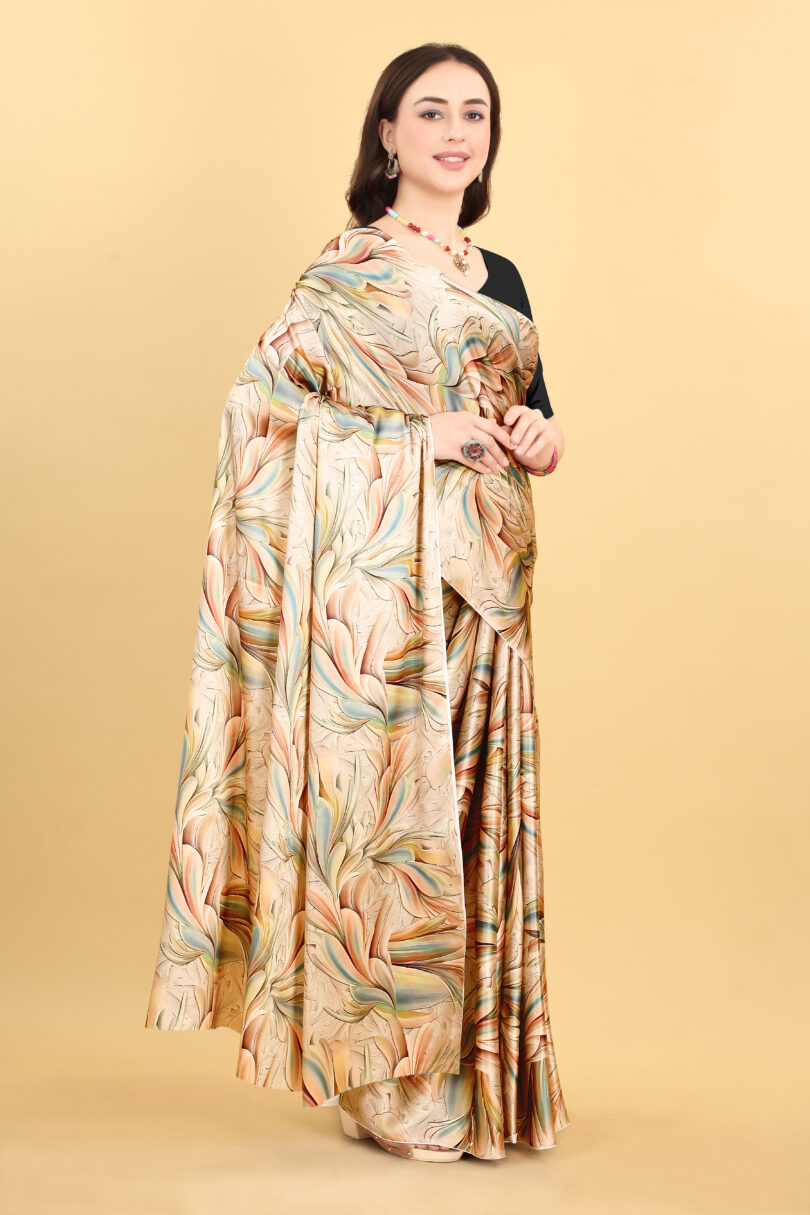 Cream Floral Printed Satin Saree - Image 3