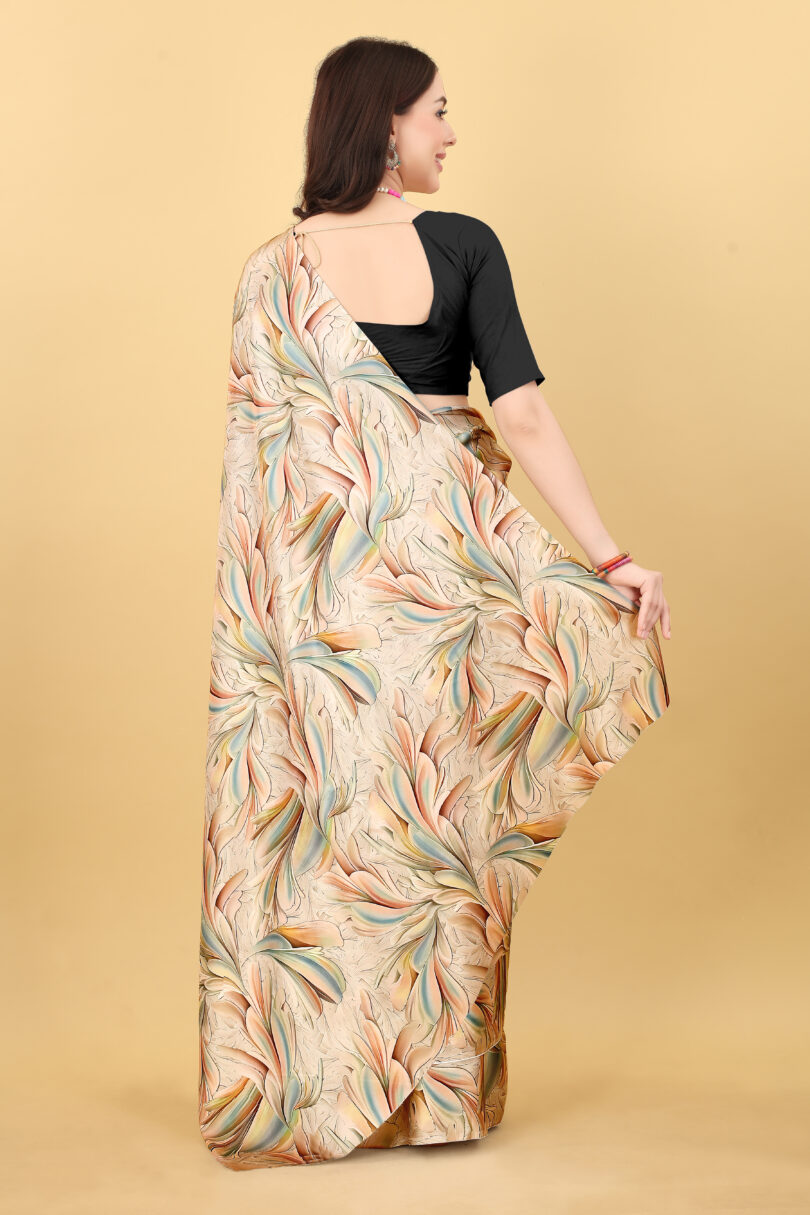 Cream Floral Printed Satin Saree - Image 4