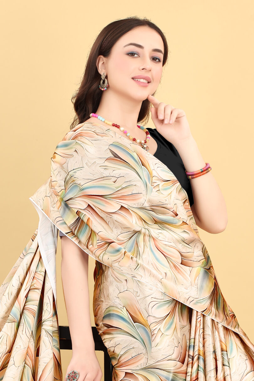 Cream Floral Printed Satin Saree - Image 5