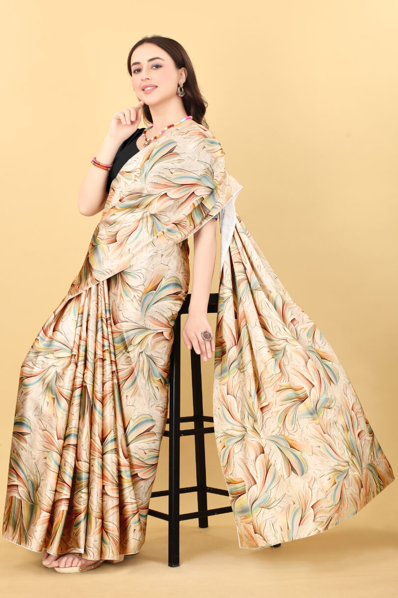 Cream Floral Printed Satin Saree - Image 6