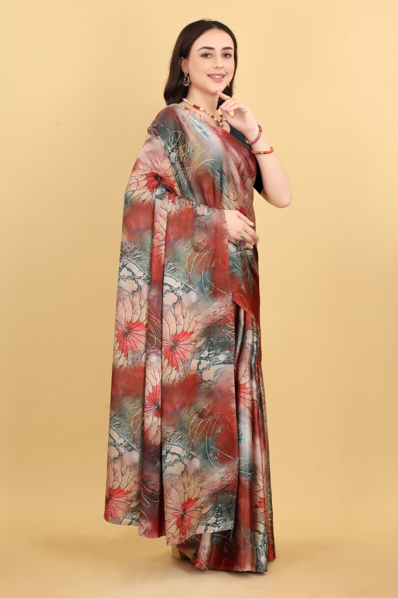 Rose Red Leaf Print Satin Saree - Image 4