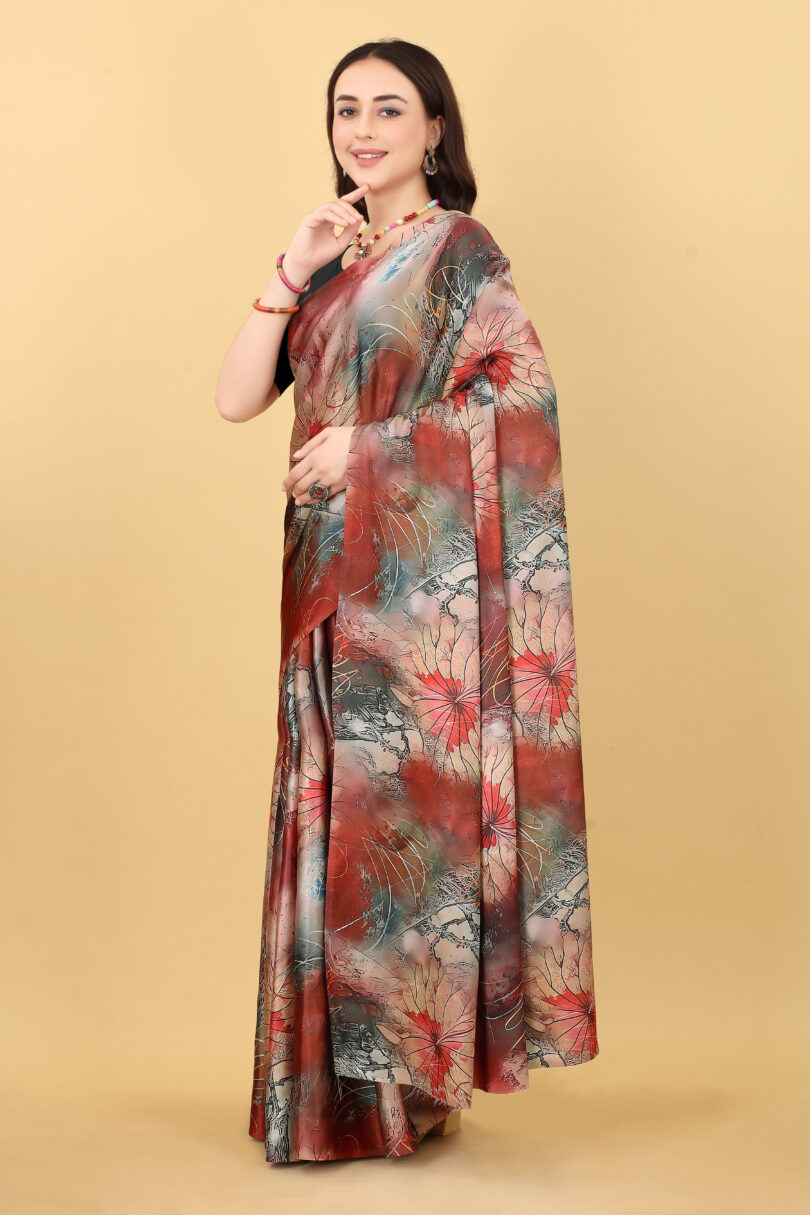 Rose Red Leaf Print Satin Saree - Image 5