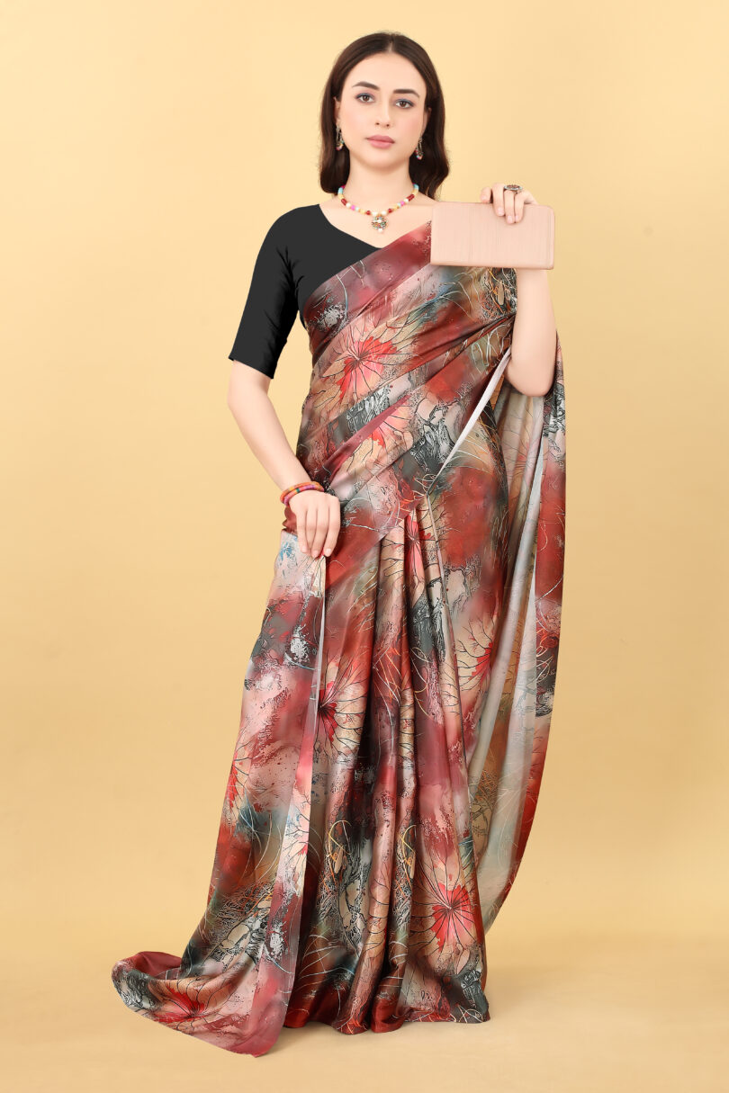 Rose Red Leaf Print Satin Saree - Image 3