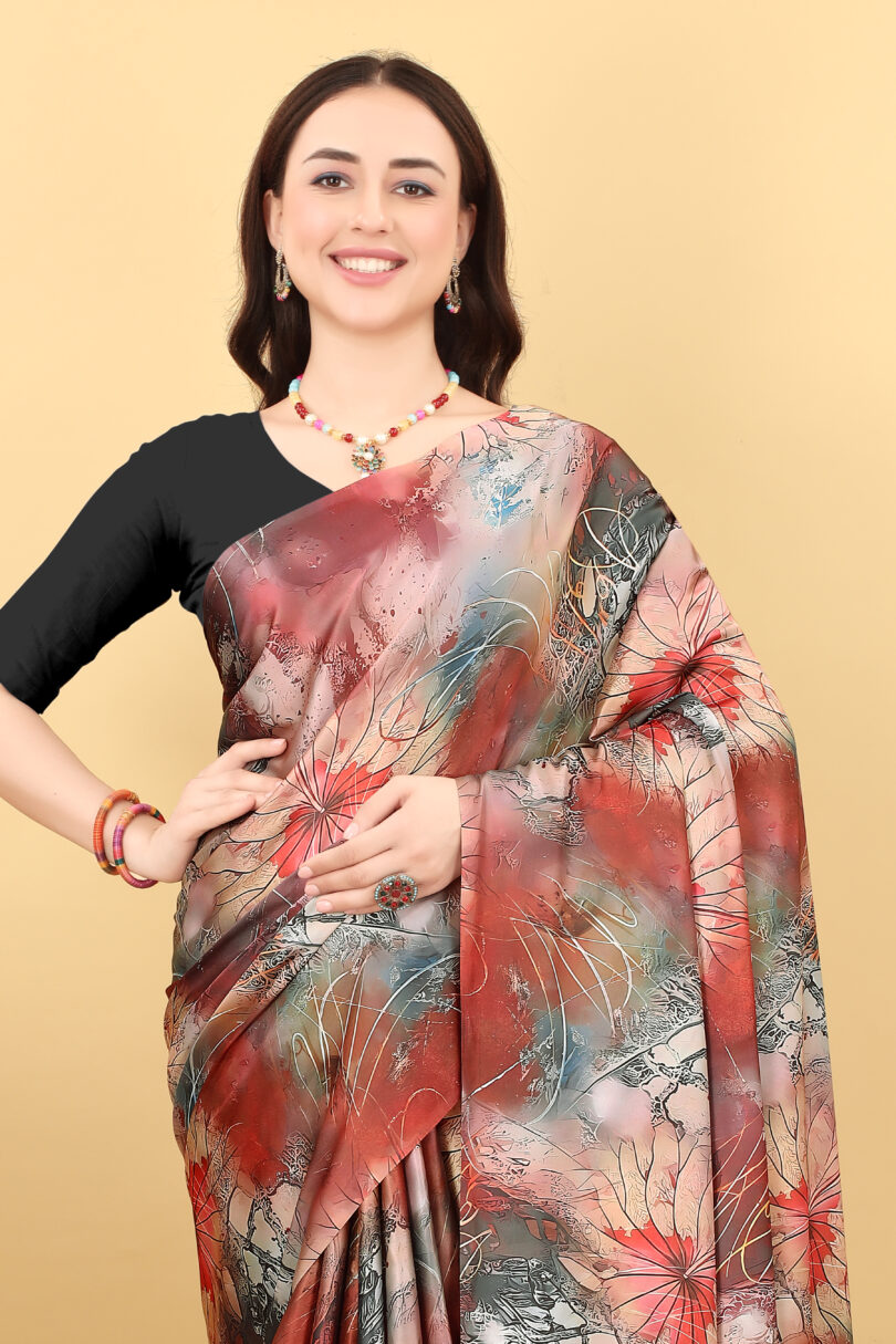 Rose Red Leaf Print Satin Saree - Image 2