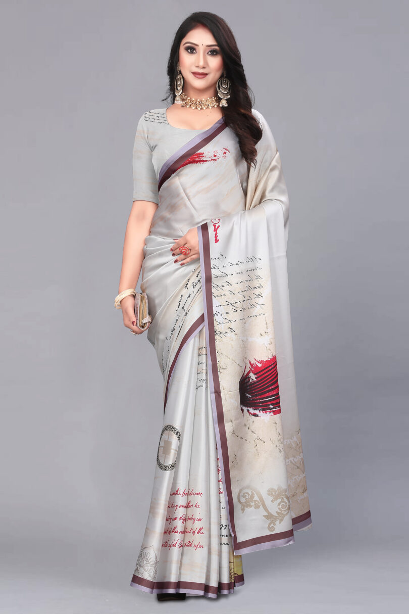 Pretty Grey Floral Print Satin Saree - Image 2