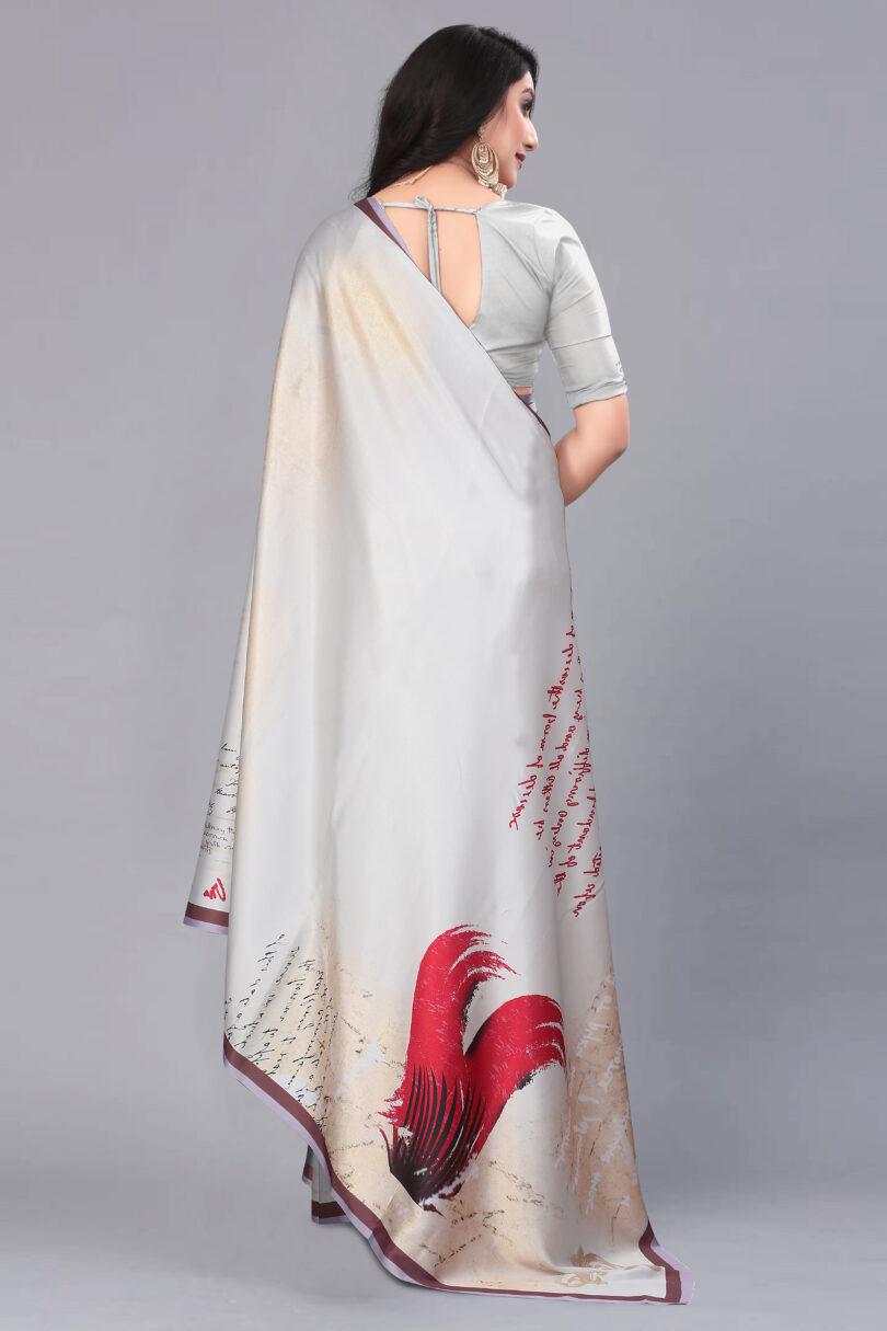 Pretty Grey Floral Print Satin Saree - Image 3