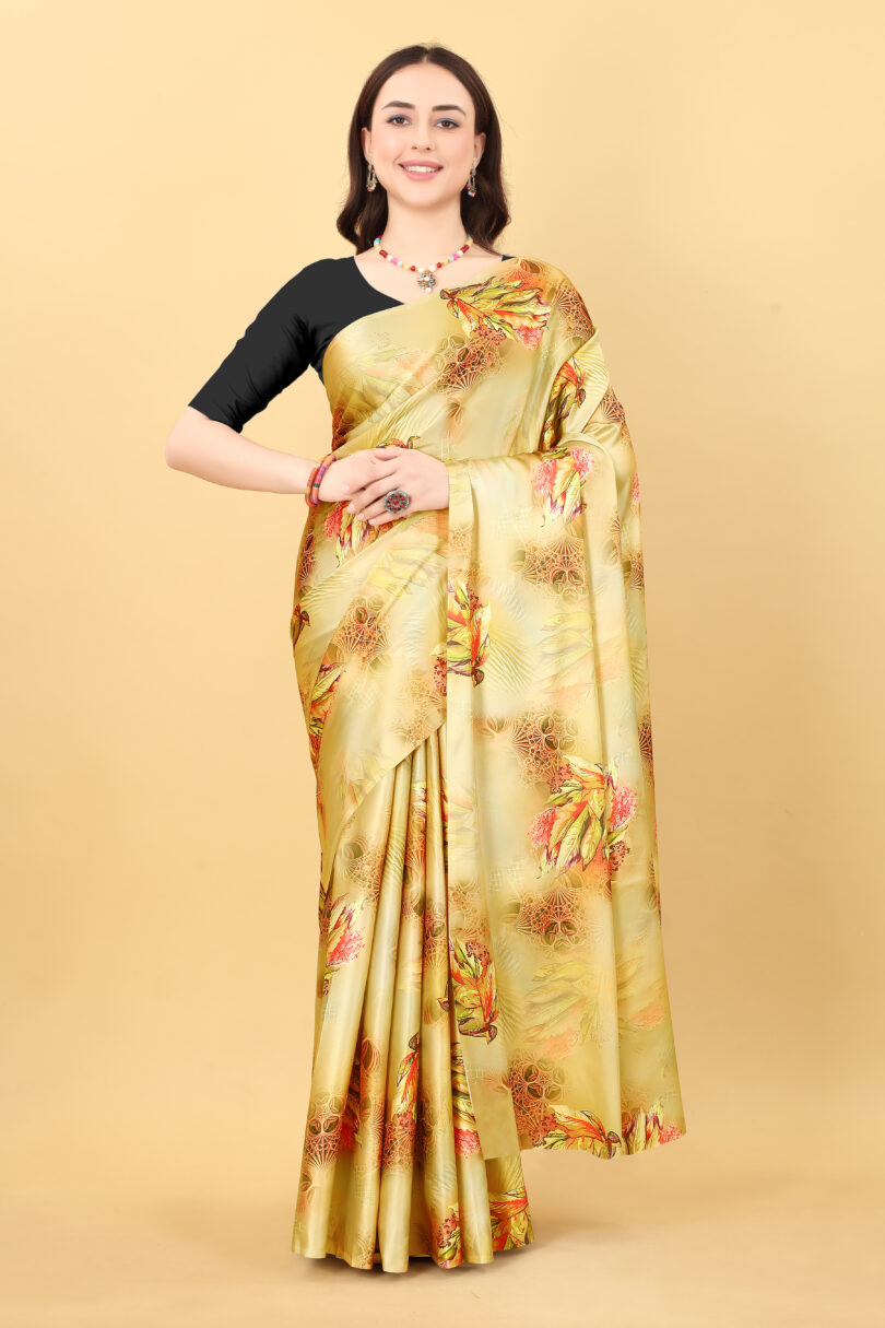 Floral Printed Satin Block Print Saree - Image 6