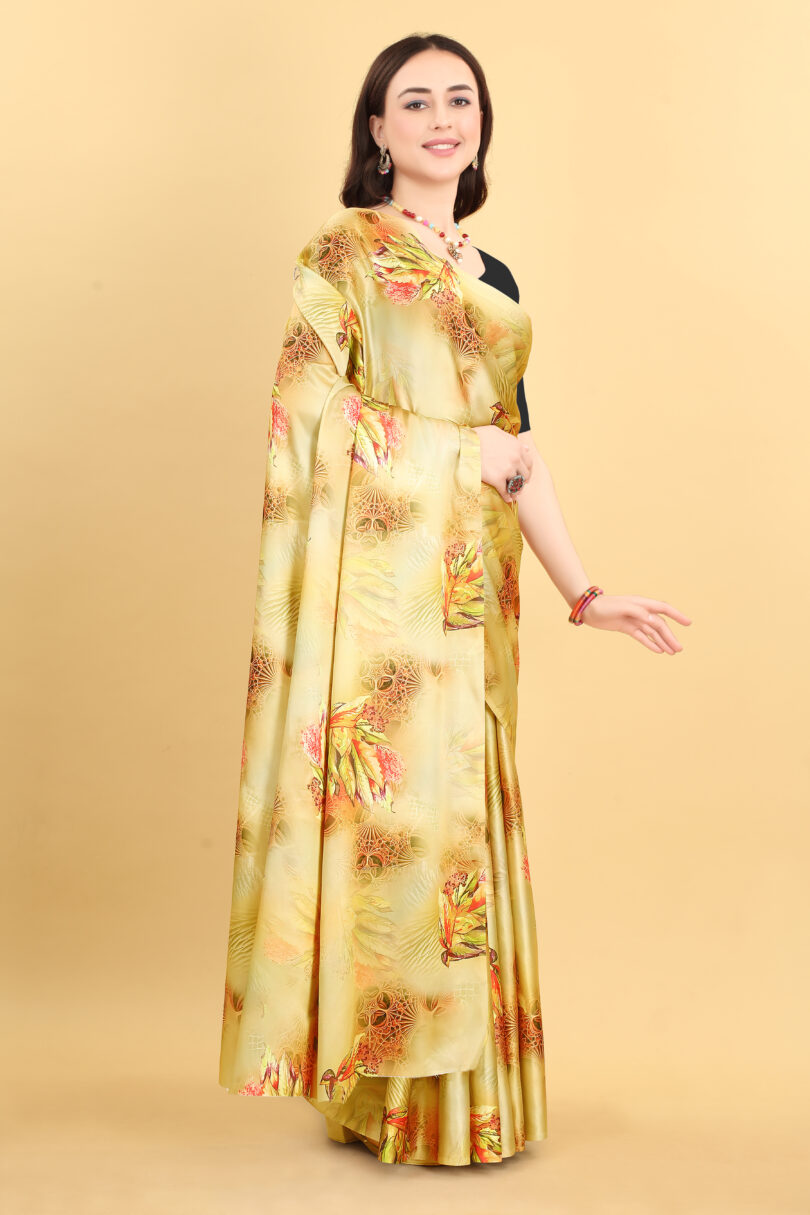 Floral Printed Satin Block Print Saree - Image 5