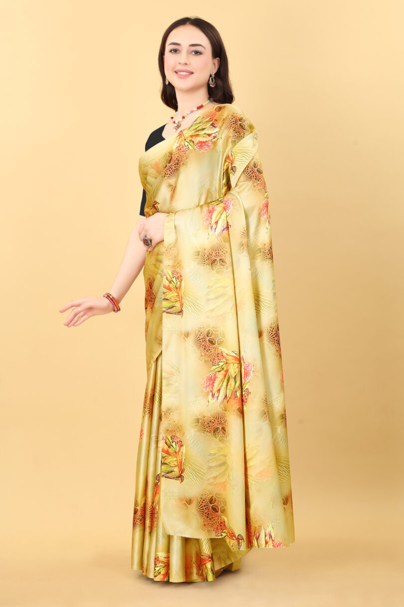 Floral Printed Satin Block Print Saree - Image 4