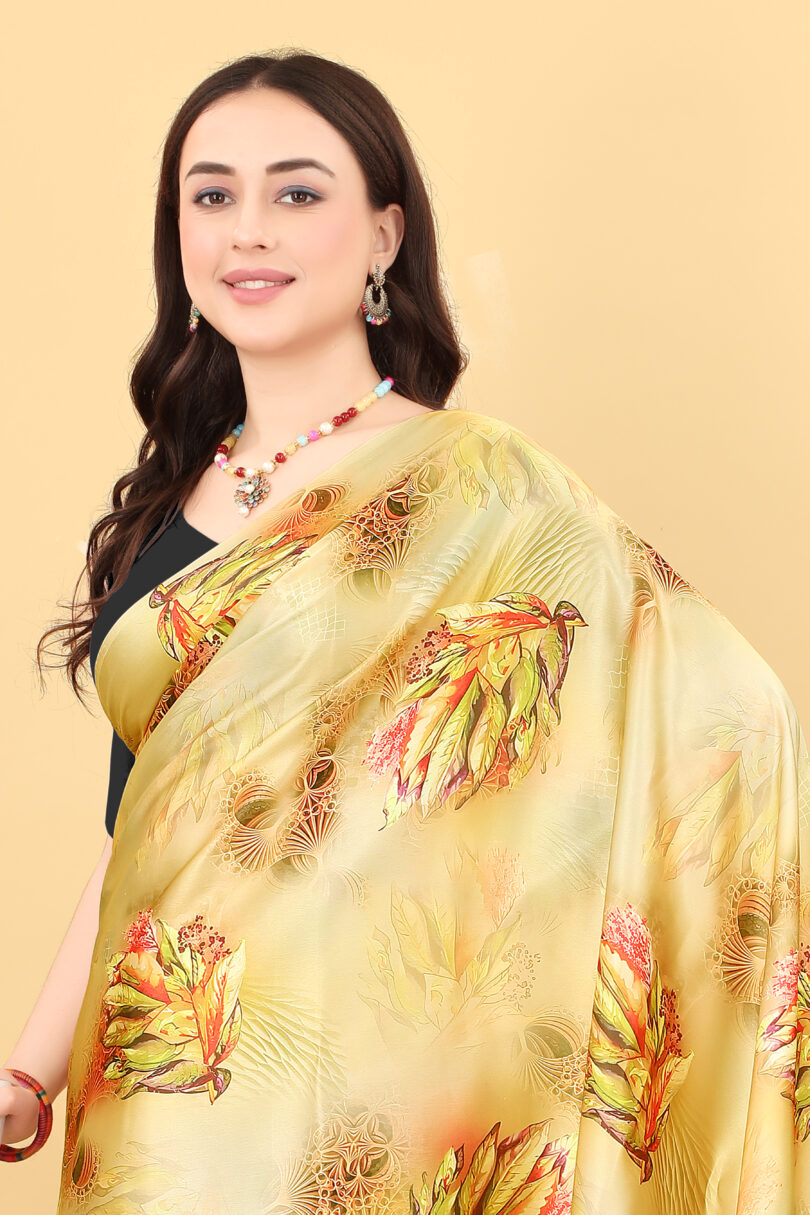 Floral Printed Satin Block Print Saree - Image 2