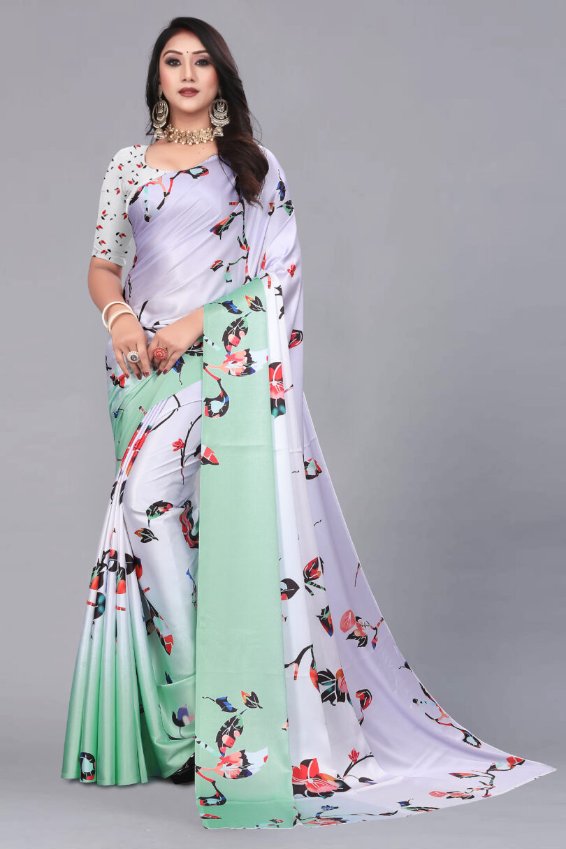 Green and Grey Floral Print Satin Saree - Image 3