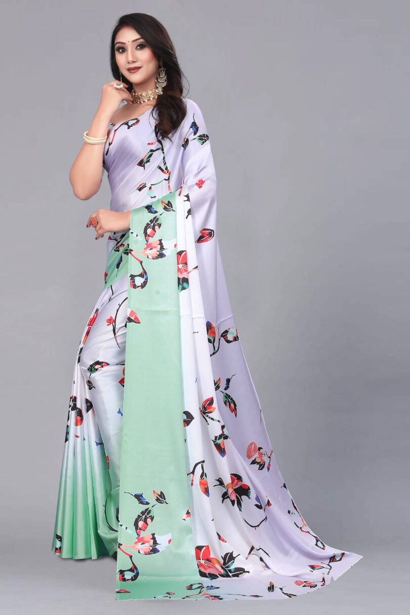 Green and Grey Floral Print Satin Saree - Image 2