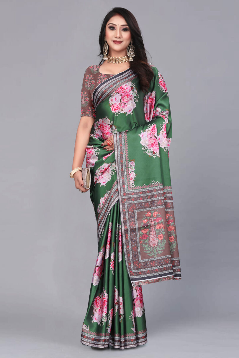 Green Floral Print Stain Saree - Image 3