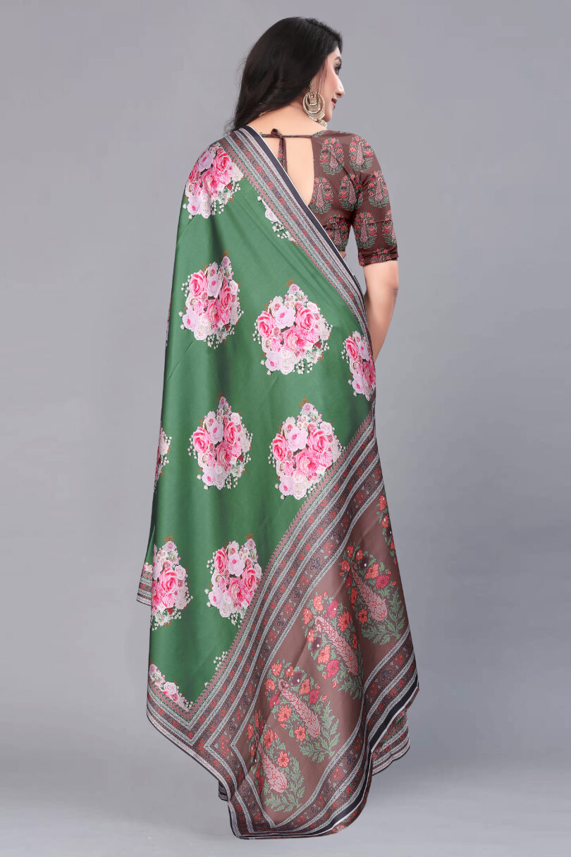 Green Floral Print Stain Saree - Image 4