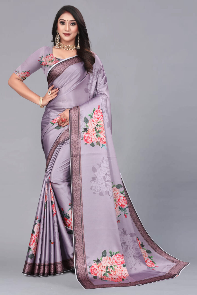 Women Purple Floral Satin Bollywood Saree with Unstitched Blouse Piece - Image 2