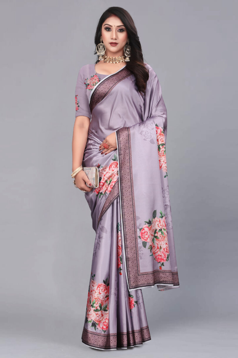 Women Purple Floral Satin Bollywood Saree with Unstitched Blouse Piece - Image 3