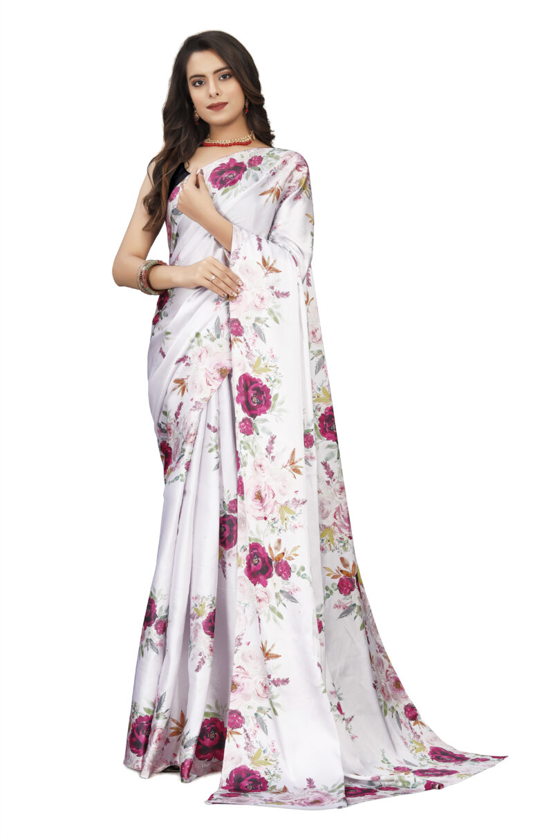 Pink Floral Print Saree with Blouse Piece - Image 3