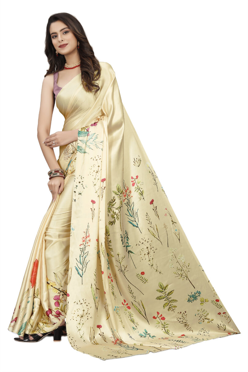 Floral Cream Colored Saree With Blouse - Image 6