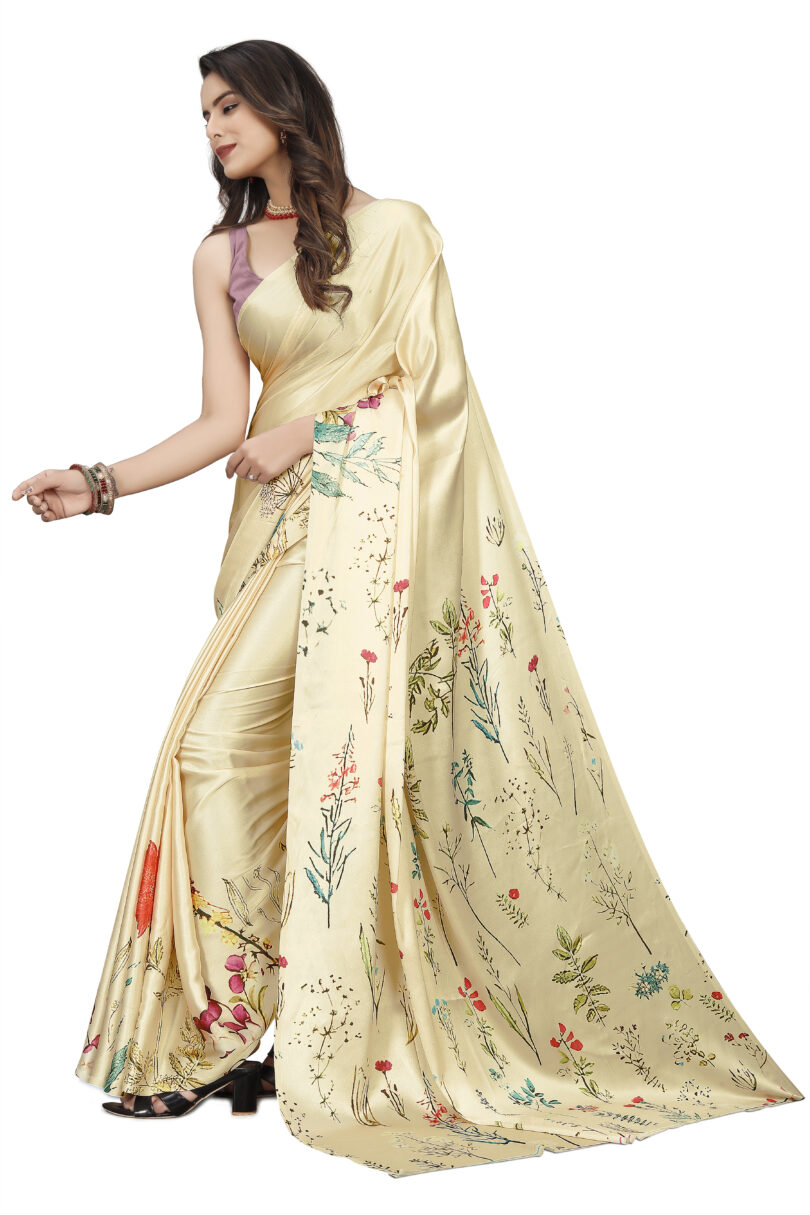 Floral Cream Colored Saree With Blouse - Image 5