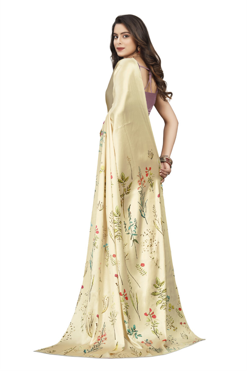 Floral Cream Colored Saree With Blouse - Image 4