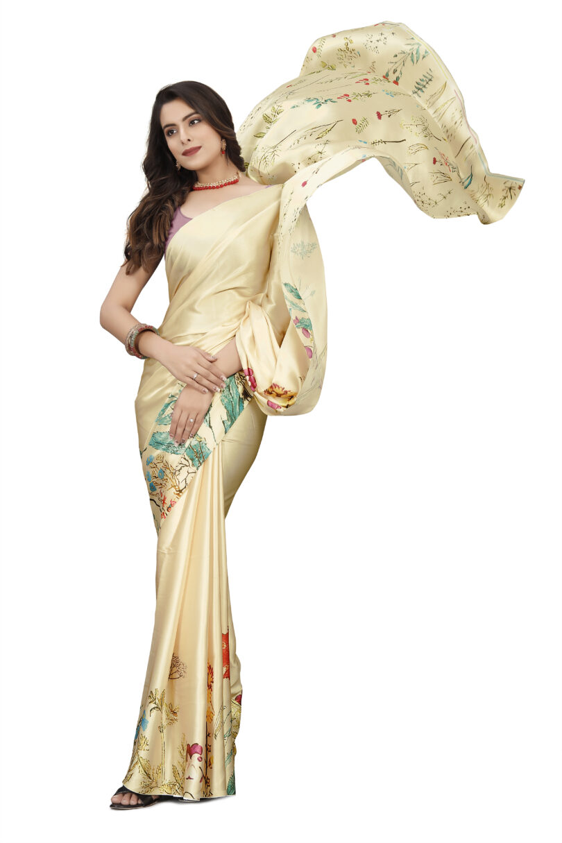 Floral Cream Colored Saree With Blouse - Image 2