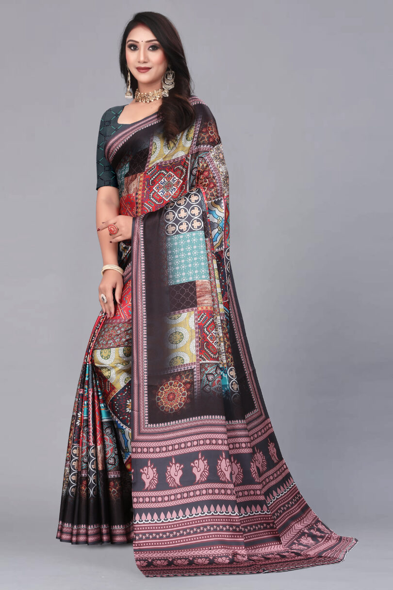 GOOD LOOKING HEAVY SATIN SILK DIGITAL PRINT SAREE WITH DIGITAL PRINT BLOUSE - Image 4