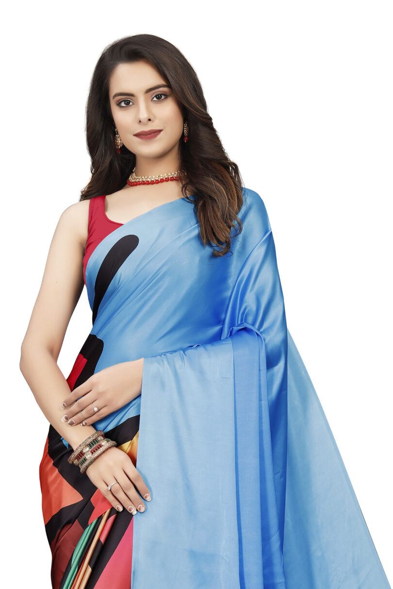 Blue Printed Multi Colored Saree With Blouse - Image 5