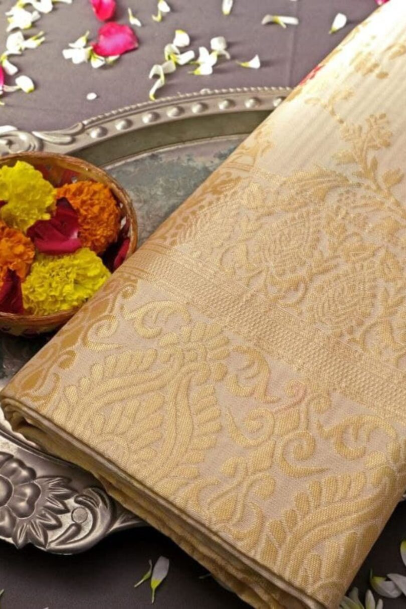 Beige Zari Work Soft Lichi Silk Saree - Image 2