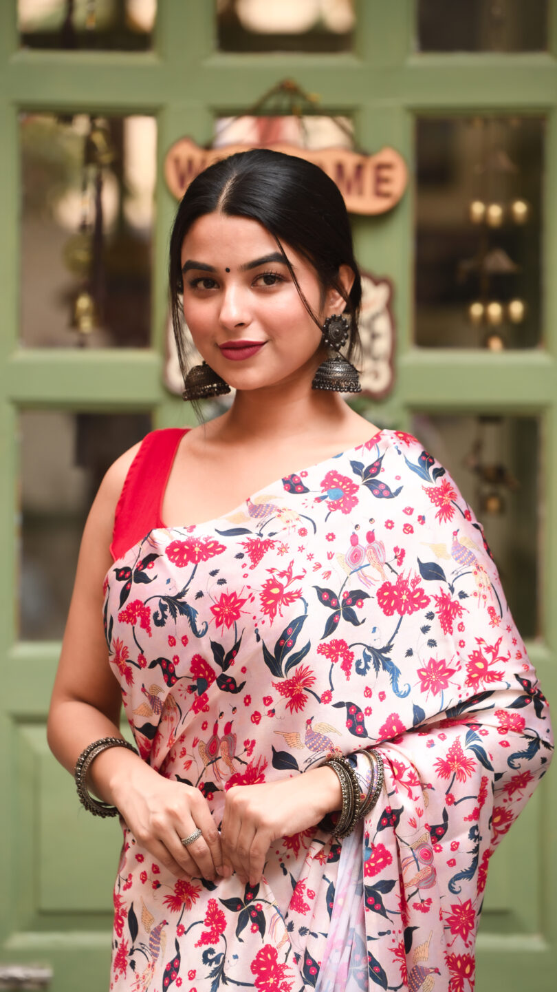 Dark Red Floral Satin Silk Saree - Image 6