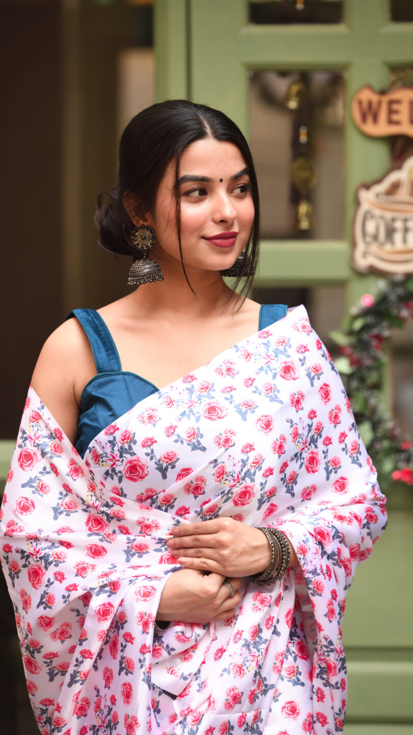 Red & White Floral Satin Saree - Image 2