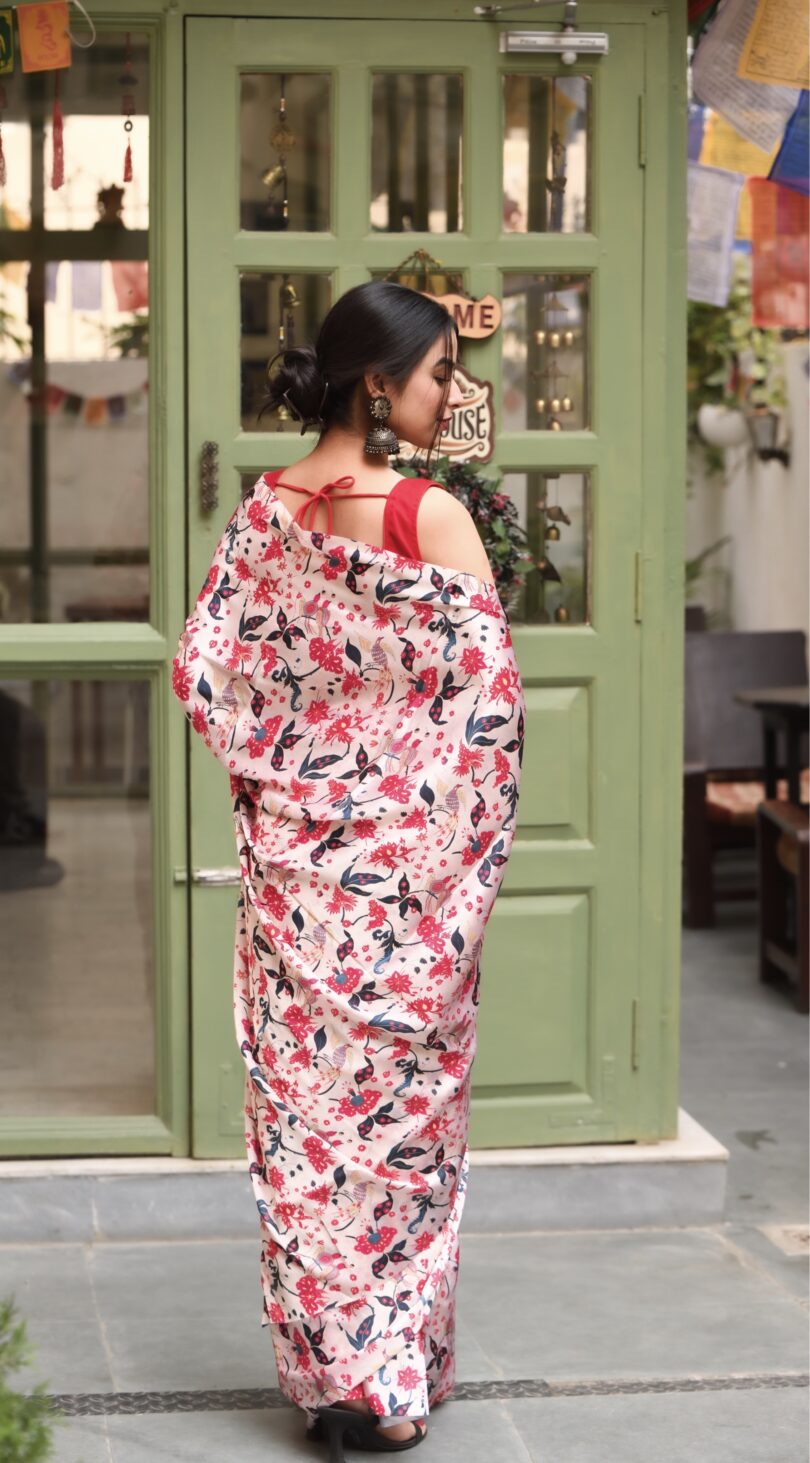 Dark Red Floral Satin Silk Saree - Image 5