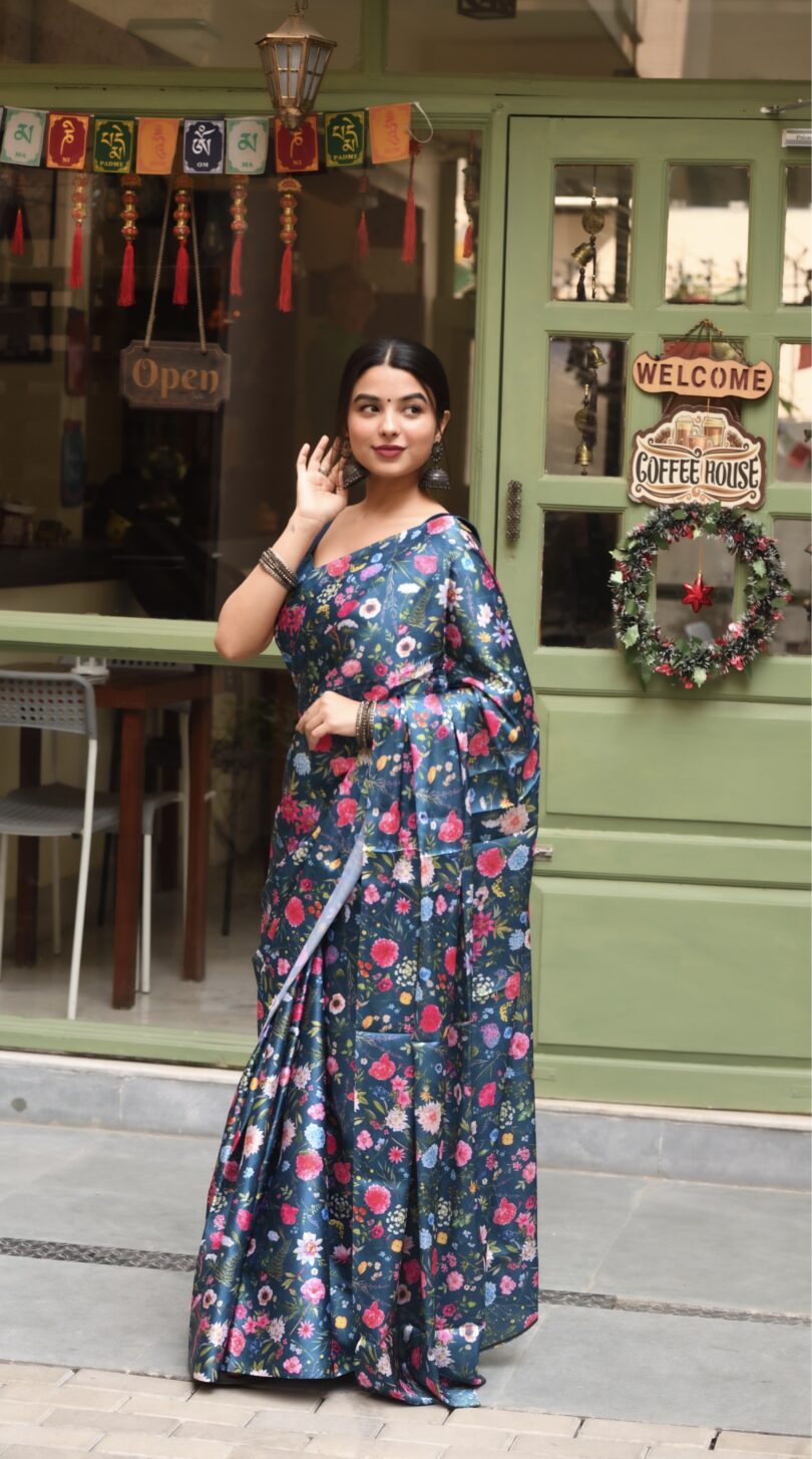 Blue Floral Satin Silk Saree - Image 7