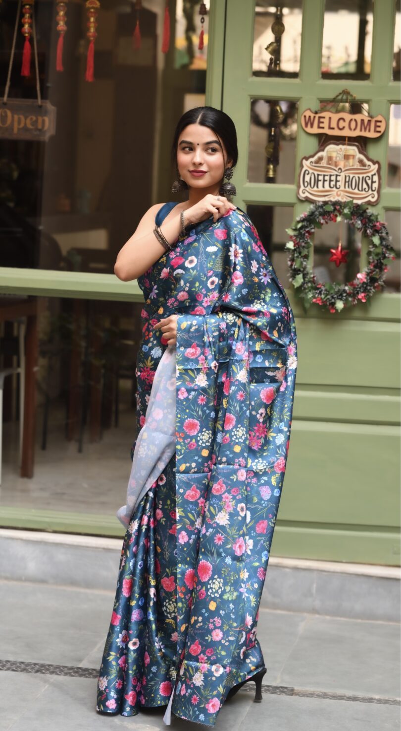 Blue Floral Satin Silk Saree - Image 6