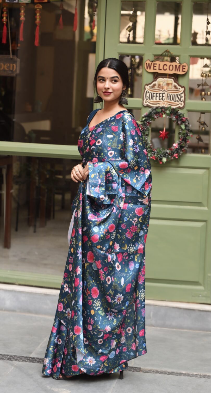 Blue Floral Satin Silk Saree - Image 2