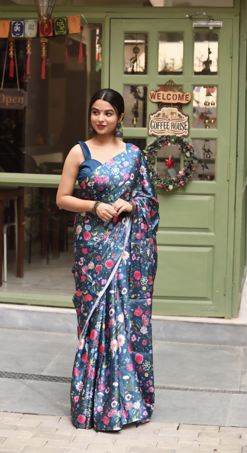 Blue Floral Satin Silk Saree - Image 4