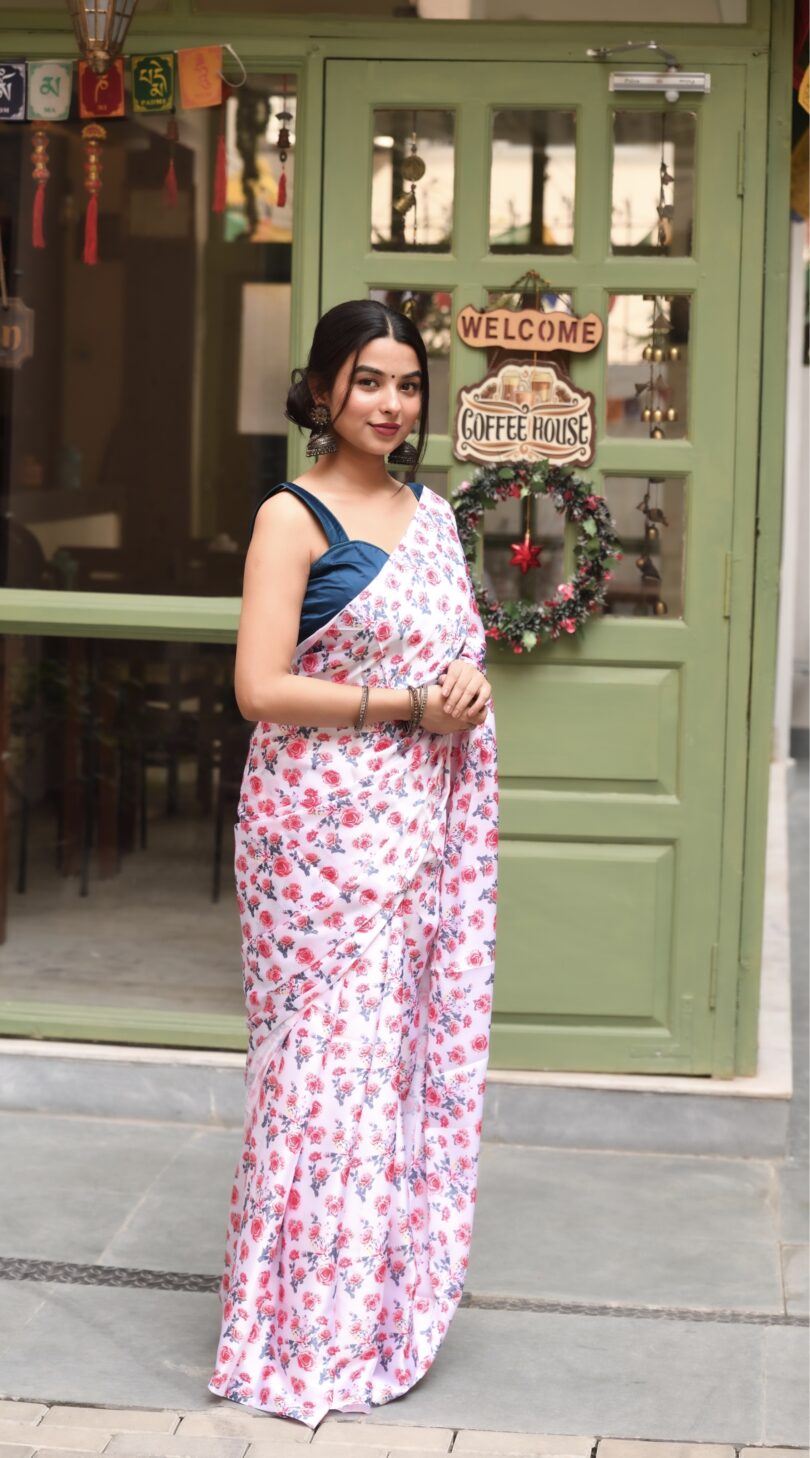 Red & White Floral Satin Saree - Image 7