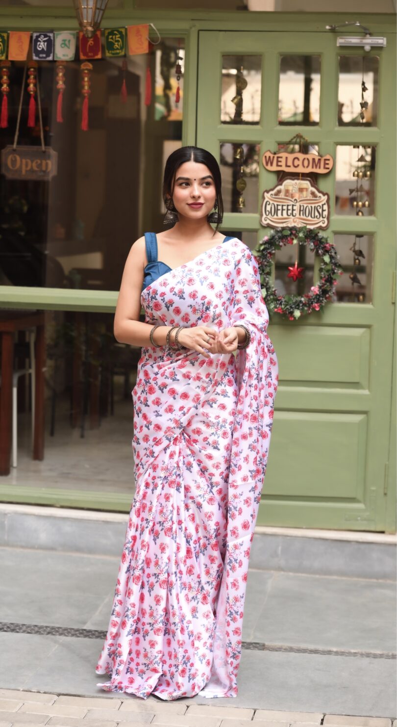 Red & White Floral Satin Saree - Image 5